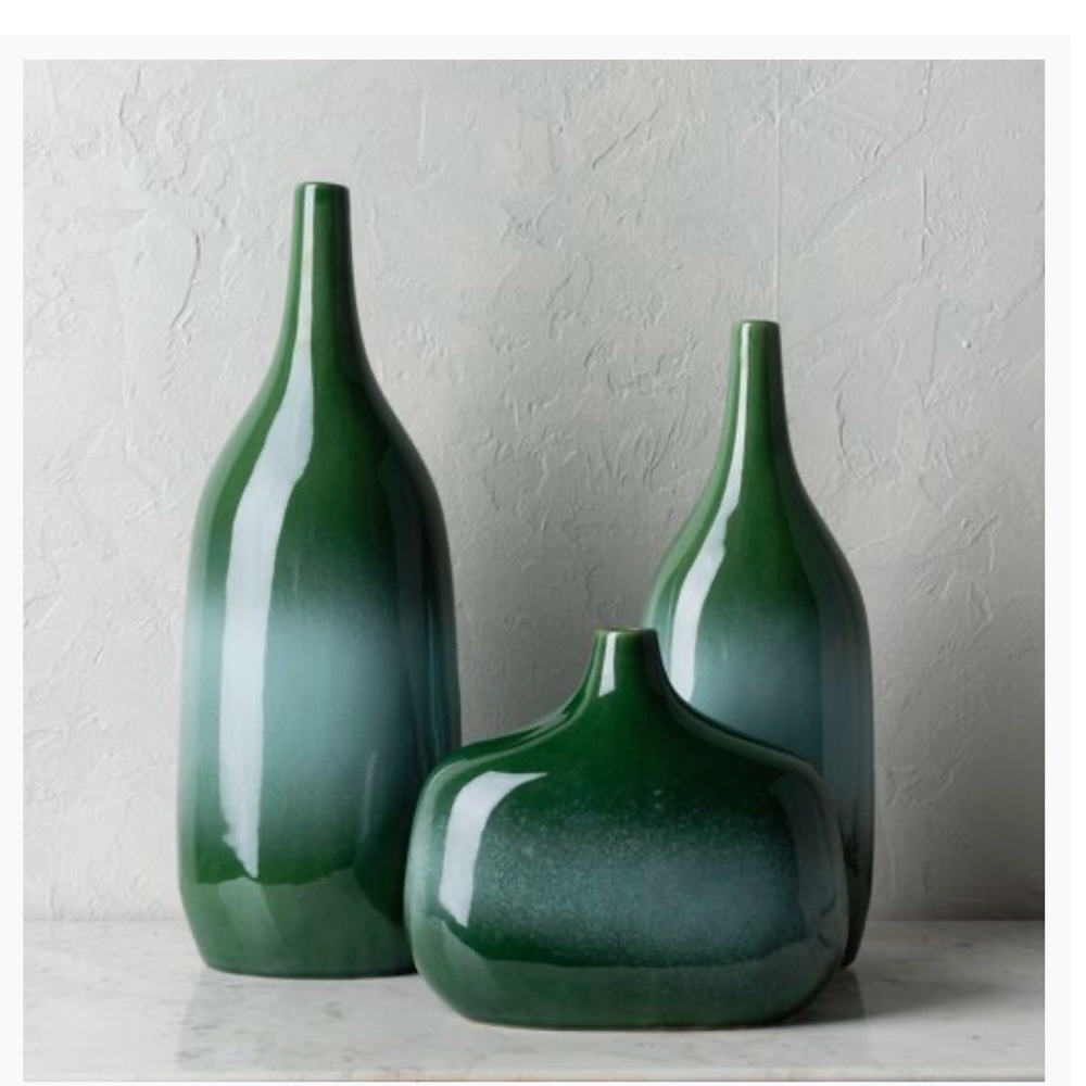 $350 Surya Sparta Collection Modern Set of 3 Green Ceramic Vases